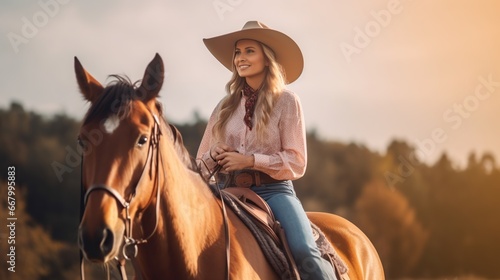 Young woman riding a horse in a cowboy hat