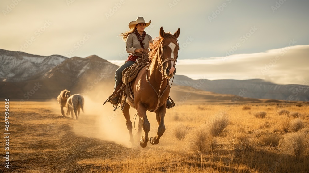 Young woman riding a horse in a cowboy hat - obrazy, fototapety, plakaty 