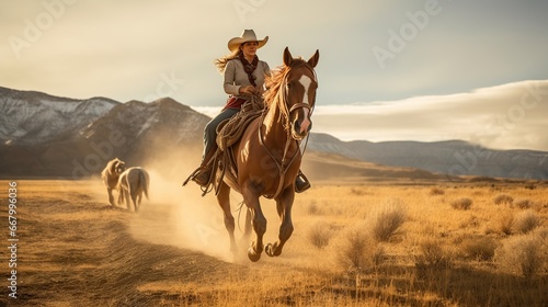 Young woman riding a horse in a cowboy hat photo