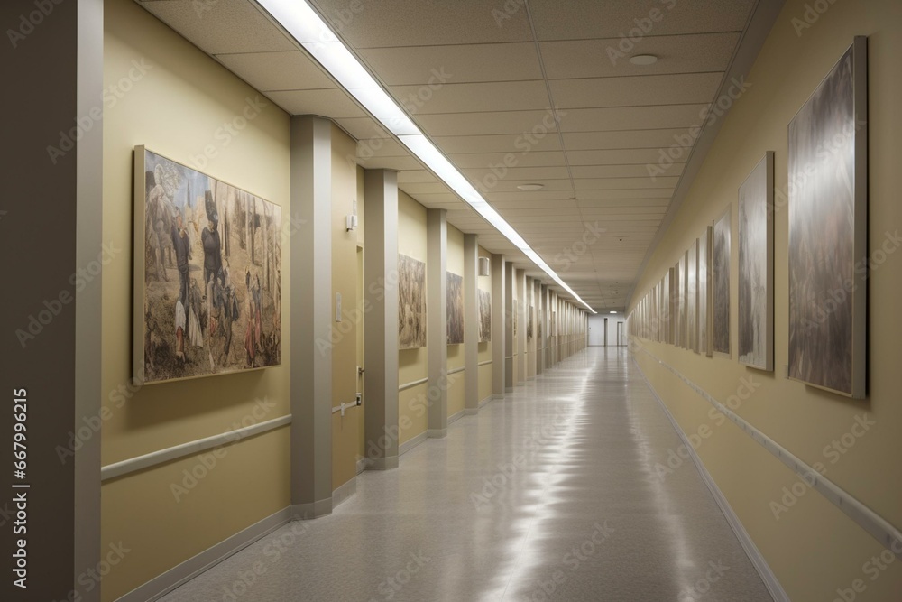 Contemporary educational hallway displaying a vacant banner. Generative AI