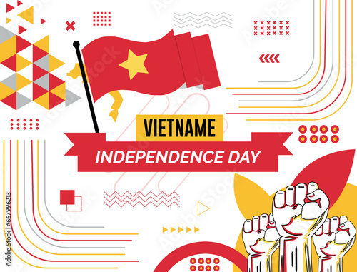 VIETNAME national day banner with map, flag colors theme background and geometric abstract retro modern colorfull design with raised hands or fists.