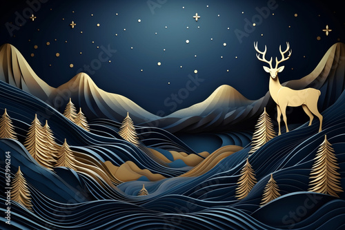 a paper art style illustration of a mountain landscape with deer