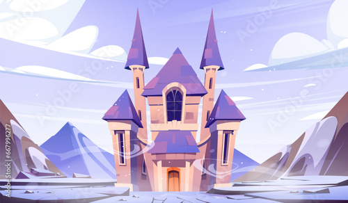 Medieval castle on winter mountain landscape. Vector cartoon illustration of fairytale royal palace with towers, rocky background covered with ice and snow, wind swirls in air, magic cold kingdom
