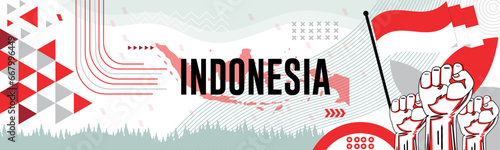 Indonesia national day bannerwith map flag colors background and geometric abstract modern red white design. Indonesian flag independence day corporate business theme.