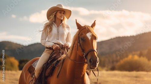 Young woman riding a horse in a cowboy hat