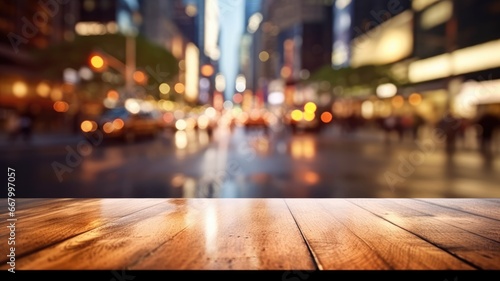 The empty wooden table top with blur background of street in downtown business district with people walking. Exuberant image. generative AI