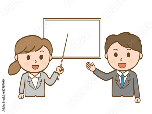 プレゼンで説明をするスーツ姿の女性会社員と男性会社員