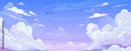 Sky with anime fluffy curve shaped clouds. Cartoon vector illustration of sunny summer day cloudy heaven background with blue and pink gradient color. Panoramic air landscape in clear weather.