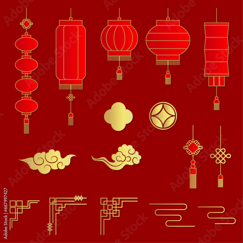 中華風提灯、飾りアイテム、フレームパーツのベクターイラストセット