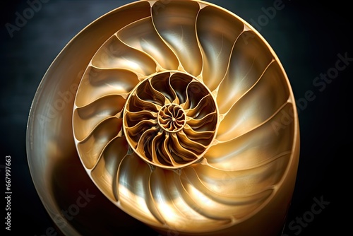 Nautilus shell on a dark background. 3d illustration, Nautilus shell, closeup of a nautilus shell, AI Generated photo