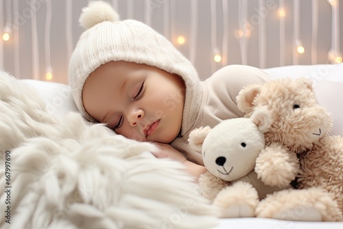 Cute little baby sleeping with teddy bears on bed at home, Newborn baby sleeping on a white bed, AI Generated