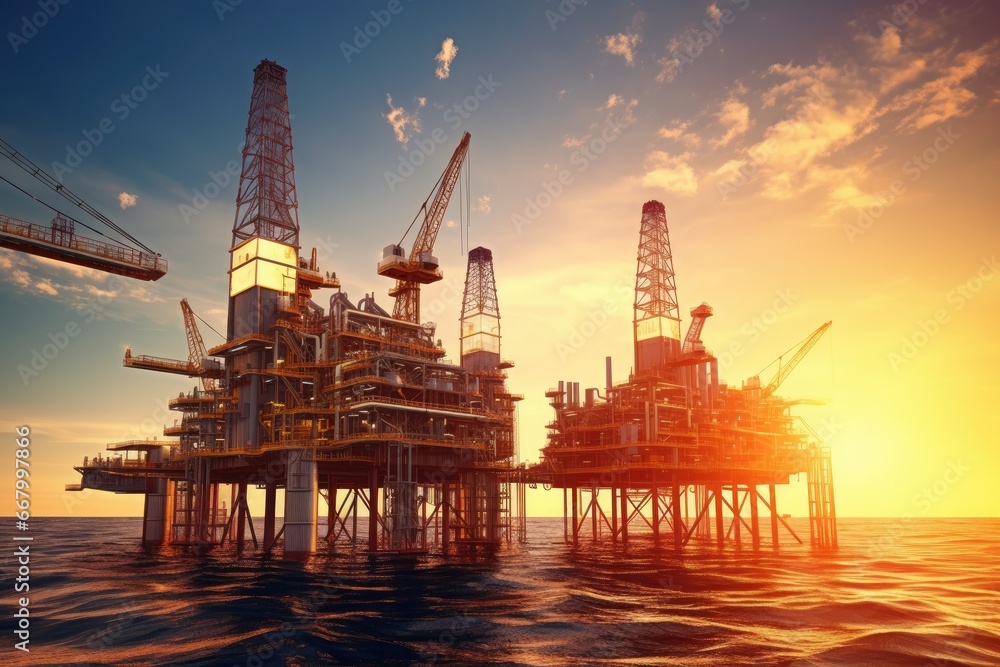 Oil and gas platform in the sea at sunset. 3d render, Oil and gas industry background. Oil and gas platform or platform for production petroleum products, AI Generated