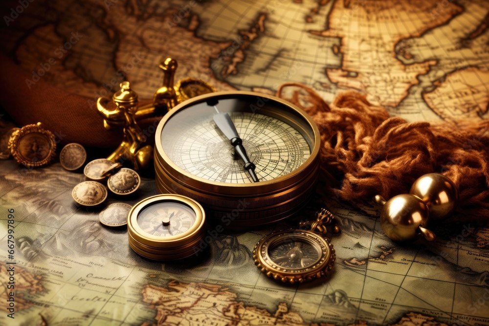 Vintage compass and old map. Vintage style toned picture, Old compass, telescope, and coins on an antique world map, AI Generated