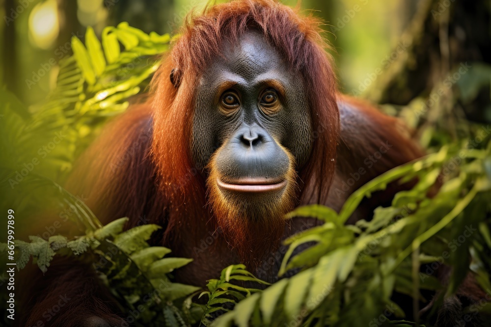 Fototapeta premium Orangutan in the rainforest of Sumatra, Indonesia, Orangutan Pongo pygmaeus in the rainforest of Sumatra, Indonesia, AI Generated