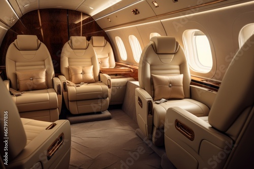 Interior of the airplane. Interior of the plane with leather seats, nterior of luxurious private jet with leather seats, AI Generated © Ifti Digital