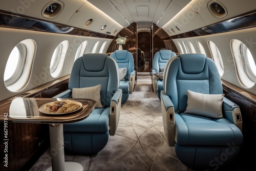 Interior of airplane with seats and seats for passengers, nobody inside, nterior of luxurious private jet with leather seats, AI Generated © Ifti Digital