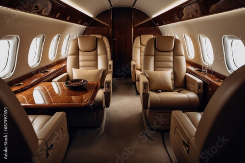 Interior of a private plane with leather seats and seats in the cabin, nterior of luxurious private jet with leather seats, AI Generated © Ifti Digital