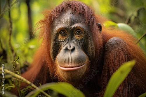 Orangutan in the rainforest of Sumatra island, Indonesia, Orangutan Pongo pygmaeus in the rainforest of Sumatra, Indonesia, AI Generated