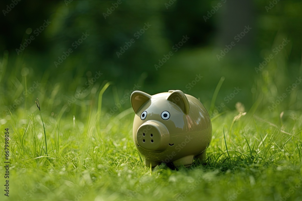 Piggy bank on green grass background. 3d illustration, Piggy bank on the grass, AI Generated