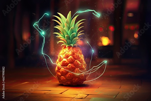 Illustration of an orange pineapple on a dark background with neon lights, pinaple hacking toll attacking wifi, AI Generated photo