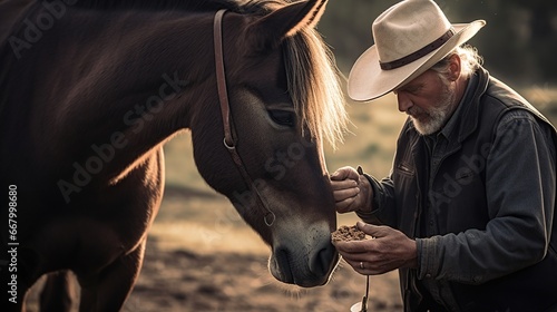 a man is feeding a horse photo