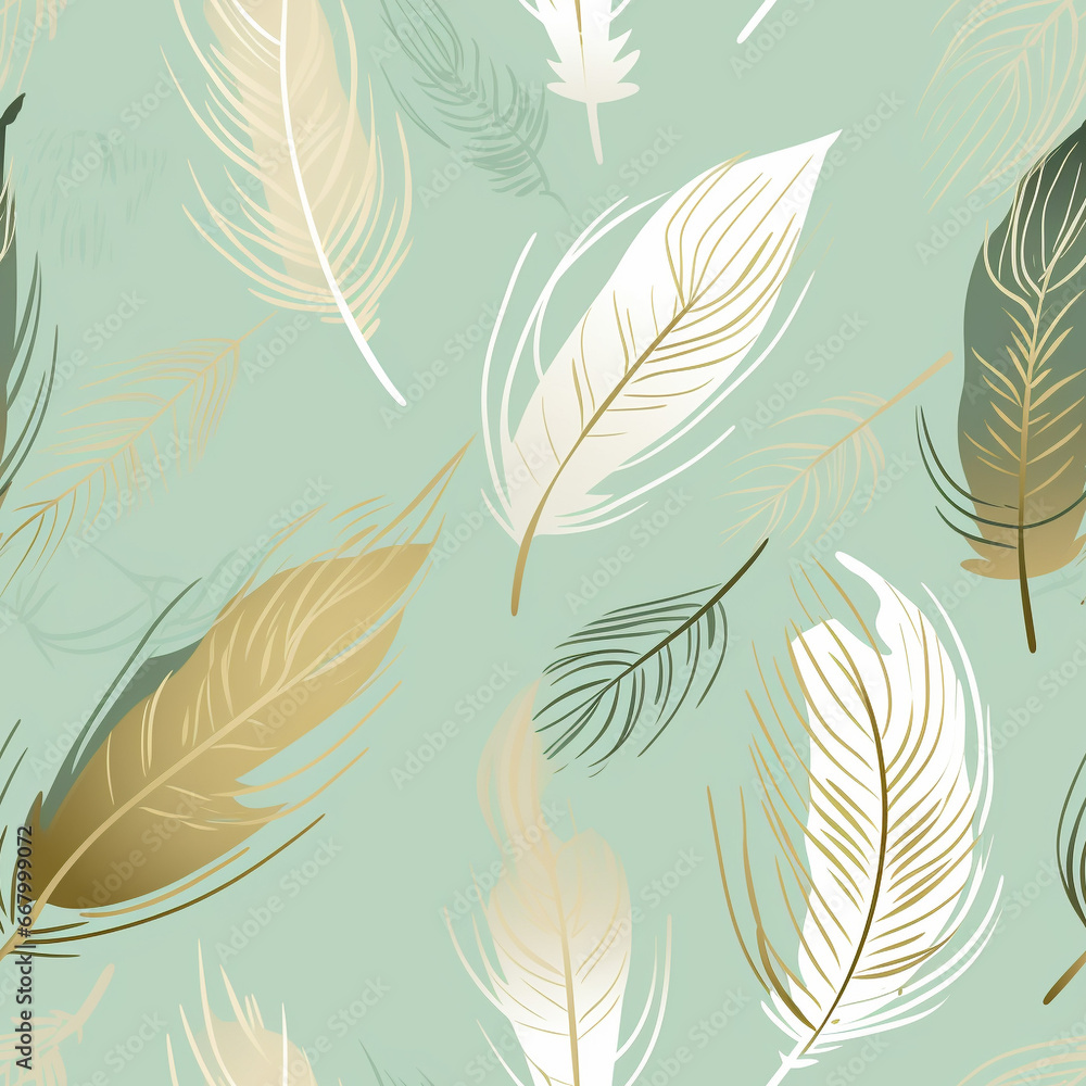 Fototapeta Mint and Gold Feathers Wallpaper Pastel Seamless Pattern