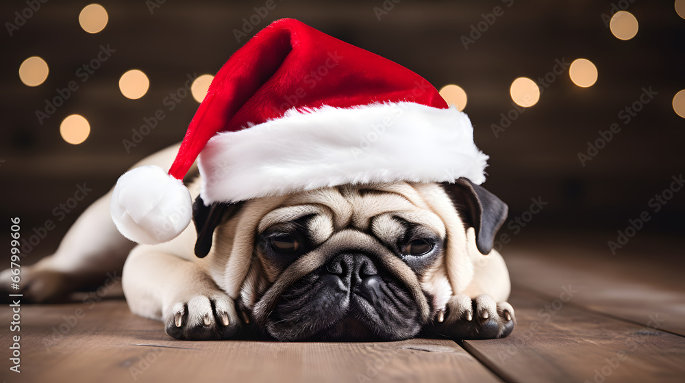 pug in a Christmas hat. dog in a New Year's hat pug in a Christmas hat. dog in a New Year's hat