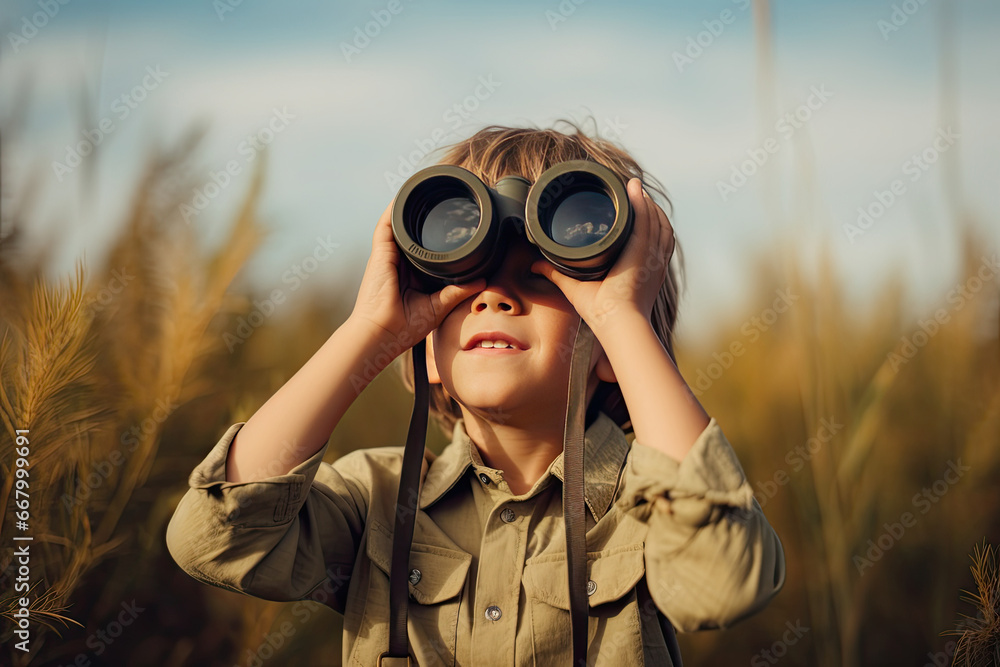 Little boy looking through binoculars in the park. Kid exploring nature Little boy looking through binoculars in the park. Kid exploring nature
