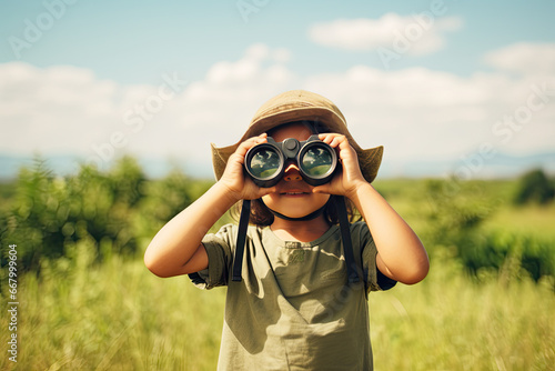 Little boy looking through binoculars in the park. Kid exploring nature photo