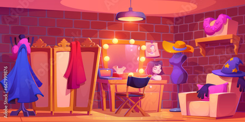 Backstage theater room interior with table and mirror for makeup, clothing and wigs, screen for dressing. Cartoon vector of changing clothes and actor prepare area before performance or filming.