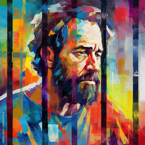 Abstract art. Colorful painting art portrait of Paul the Apostle in prison. Christian illustration, Generative AI.