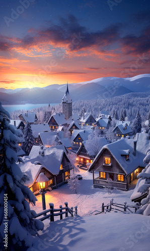 kleines Dorf mit Kirchen im Winter
