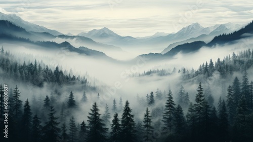 The tranquil beauty of a fog-covered valley, trees peeking through the mist. © baloch