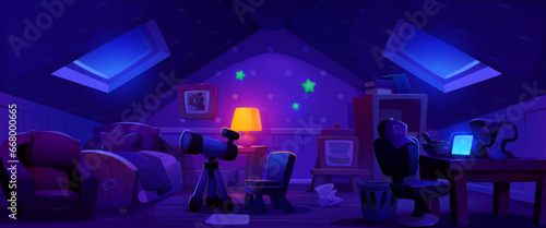 Night attic kid bedroom interior cartoon vector background. Child room furniture with glow decoration. Nursery playroom design with telescope near window panorama scene. Mansard building apartment