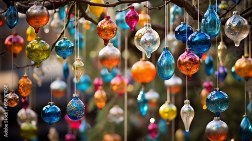 Vibrant ornaments of different shapes and sizes hanging from a festive tree. photo