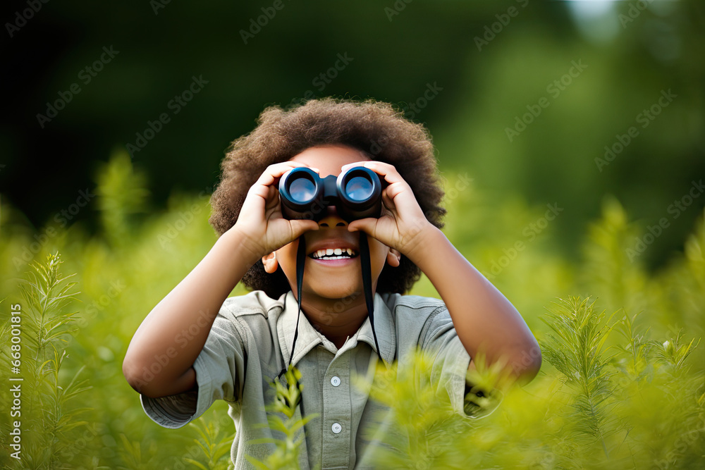 Little boy looking through binoculars in the park. Kid exploring nature Little boy looking through binoculars in the park. Kid exploring nature