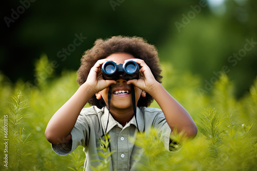 Little boy looking through binoculars in the park. Kid exploring nature