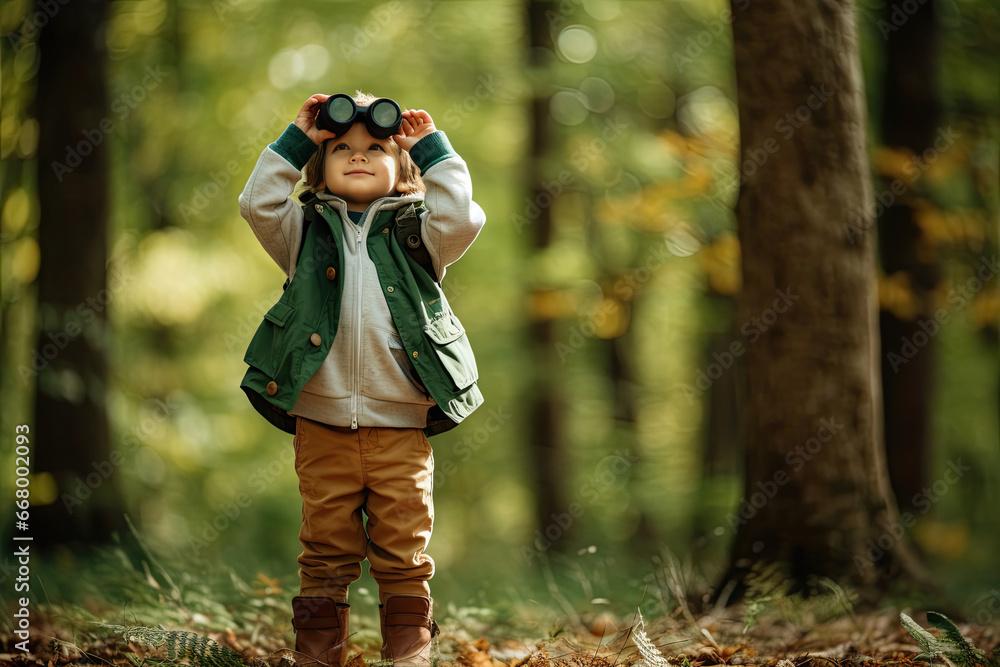 Little boy looking through binoculars in the park. Kid exploring nature Little boy looking through binoculars in the park. Kid exploring nature