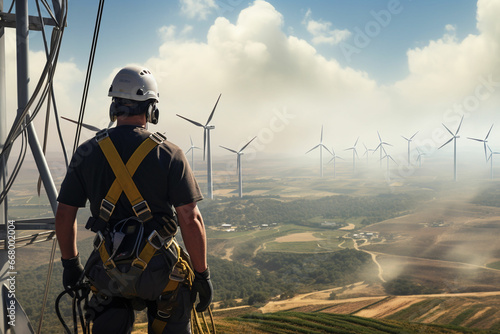 A worker standing above a wind turbine in a harness looks at the view