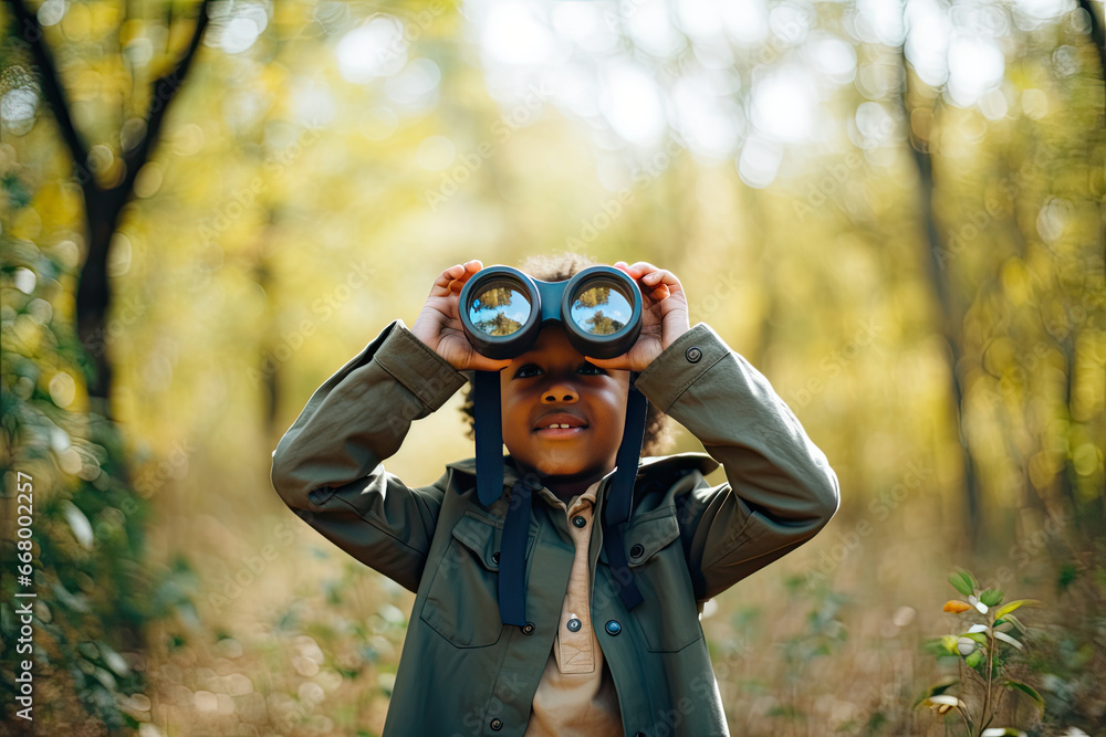 Little boy looking through binoculars in the park. Kid exploring nature Little boy looking through binoculars in the park. Kid exploring nature