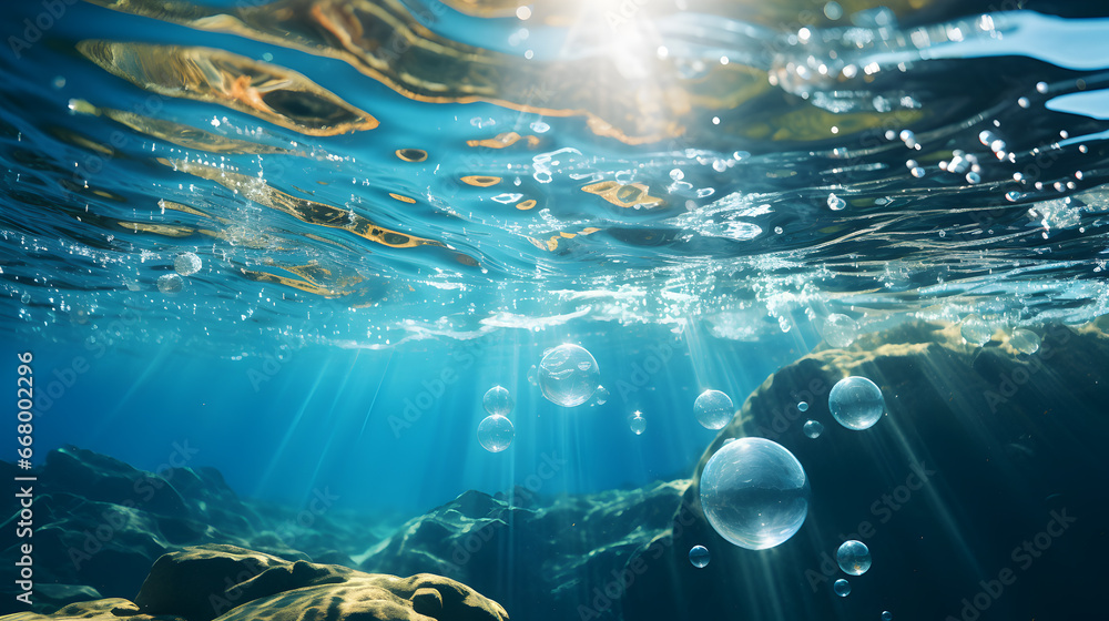 Illuminated underwater scene capturing oxygen bubbles gracefully rising towards the water's surface. - obrazy, fototapety, plakaty 
