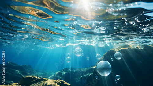 Illuminated underwater scene capturing oxygen bubbles gracefully rising towards the water's surface.