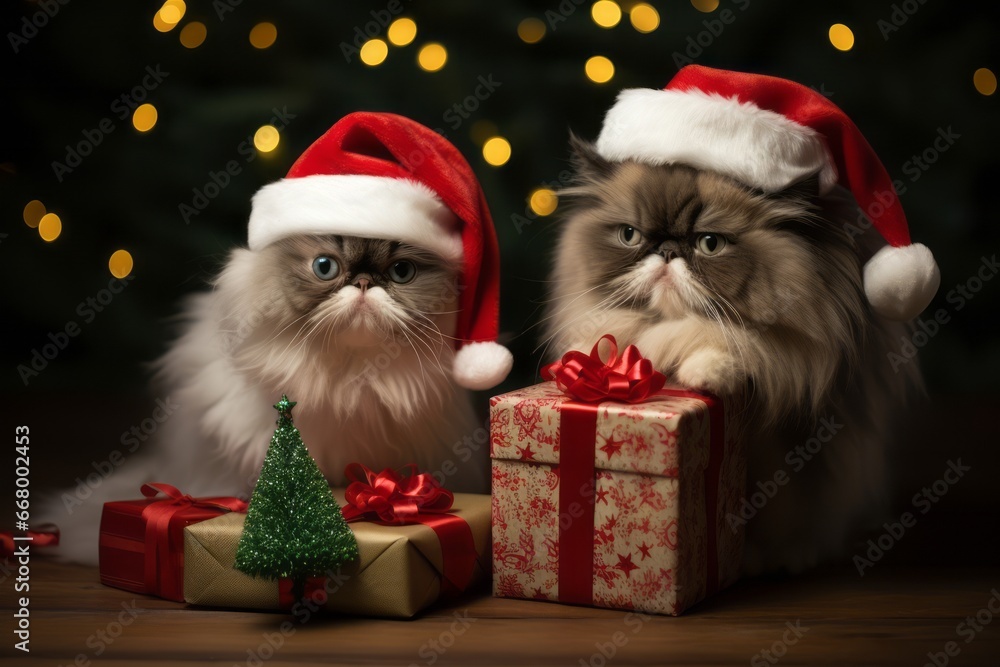 Cute pets dressed in holiday attire, playing with gift wrapping. Festive background. Generative AI Cute pets dressed in holiday attire, playing with gift wrapping. Festive background. Generative AI