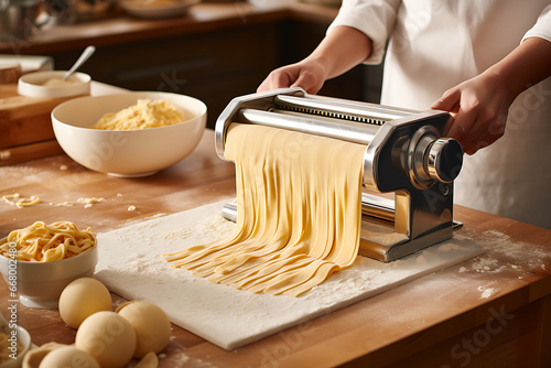 A pasta maker skillfully rolling out fresh pasta dough photo
