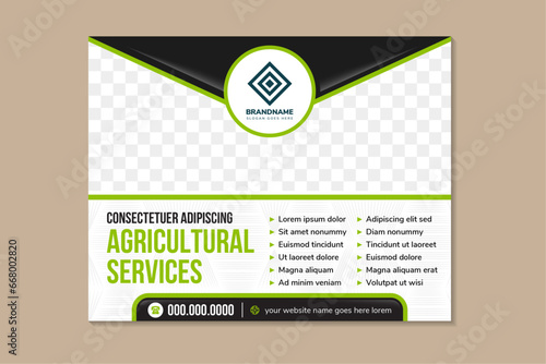 agricultural services headline of flyer design template vector, Business brochure in horizontal layout, nature concept cover with space for photo collage. green and black element. line pattern
