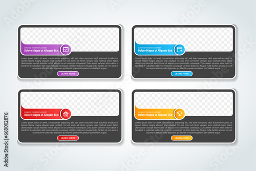 Vector simple multipurpose infographic template with rectangle photo placeholders icons and text blocks. Business company overview profile with photos and solid color blocks. black background