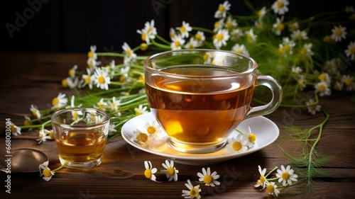 cup of chamomile tea with flowers