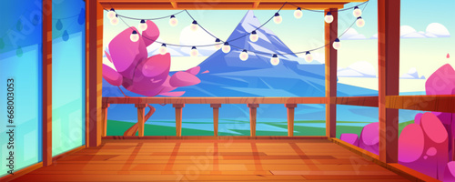Wooden terrace of house overlooks mountain and pink sakura trees. Spring or summer cartoon Japanese landscape with place to relax to enjoy cherry blossoms in backyard. Hanami concept on wood veranda.