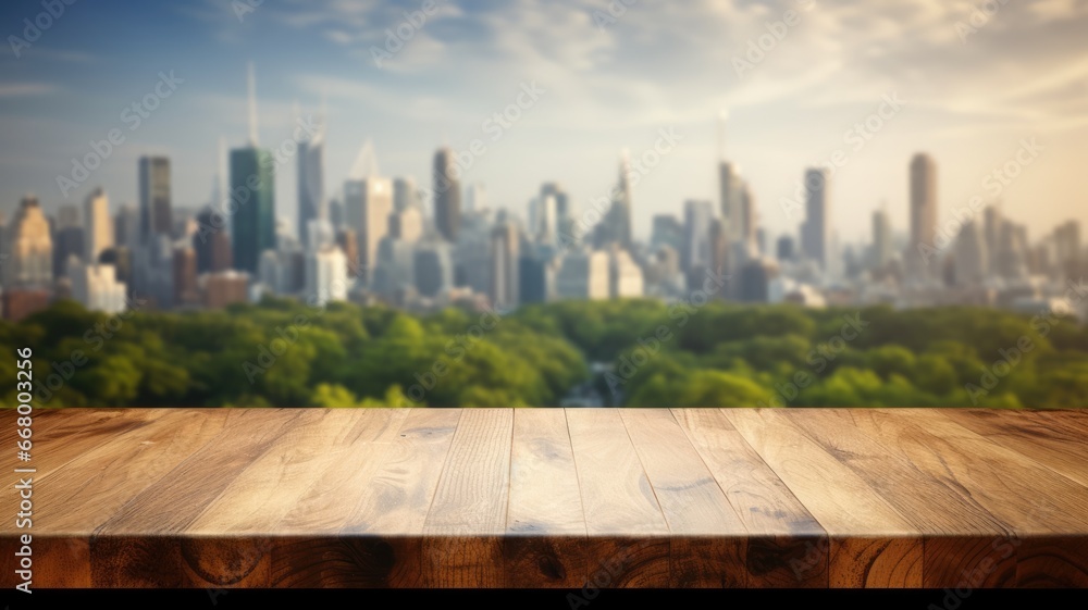 The empty wooden table top with blur background of nature skyline. Exuberant image. generative AI