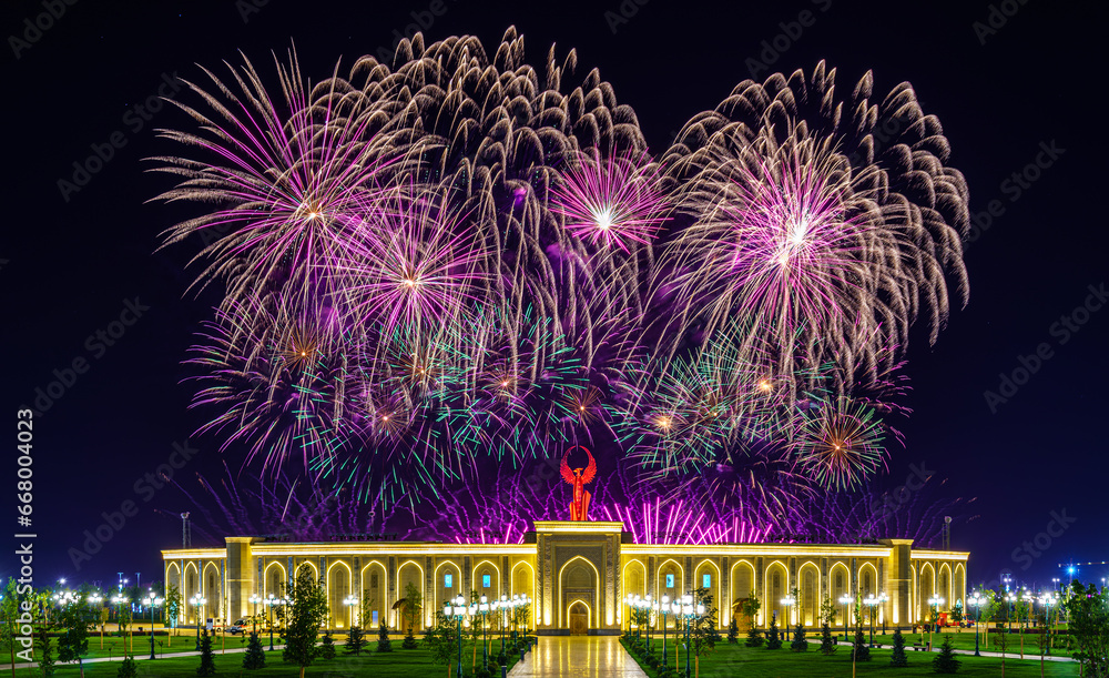 Uzbekistan, Tashkent - September 1, 2023: Multi-colored fireworks over